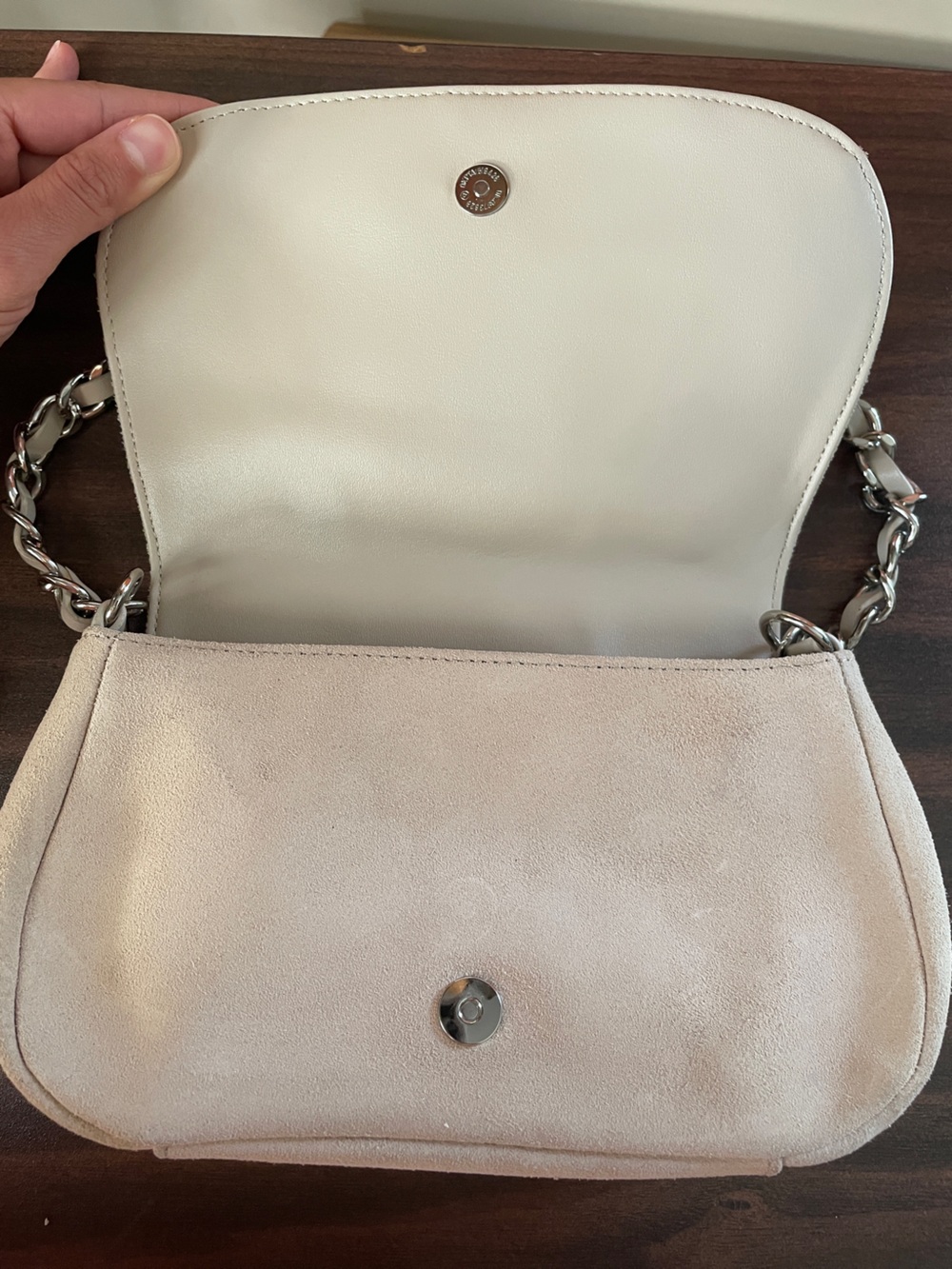 Ann Taylor Loft Handbag Beige Suede Shoulder Bag with Chain Strap - Picture 15 of 15